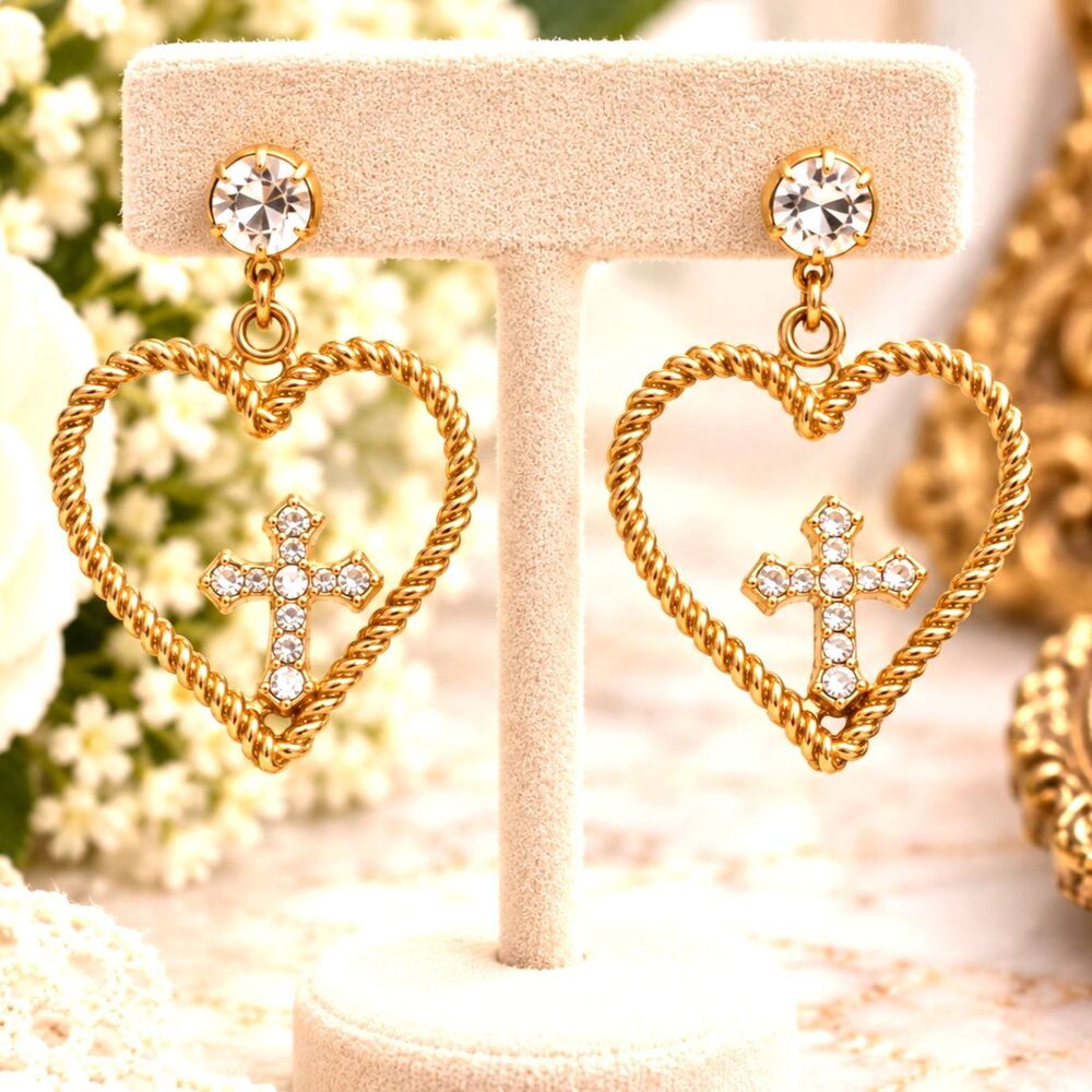 Vintage Gold Tone Heart Cross Earrings Rhinestone Pierced Dangle Drop Romantic